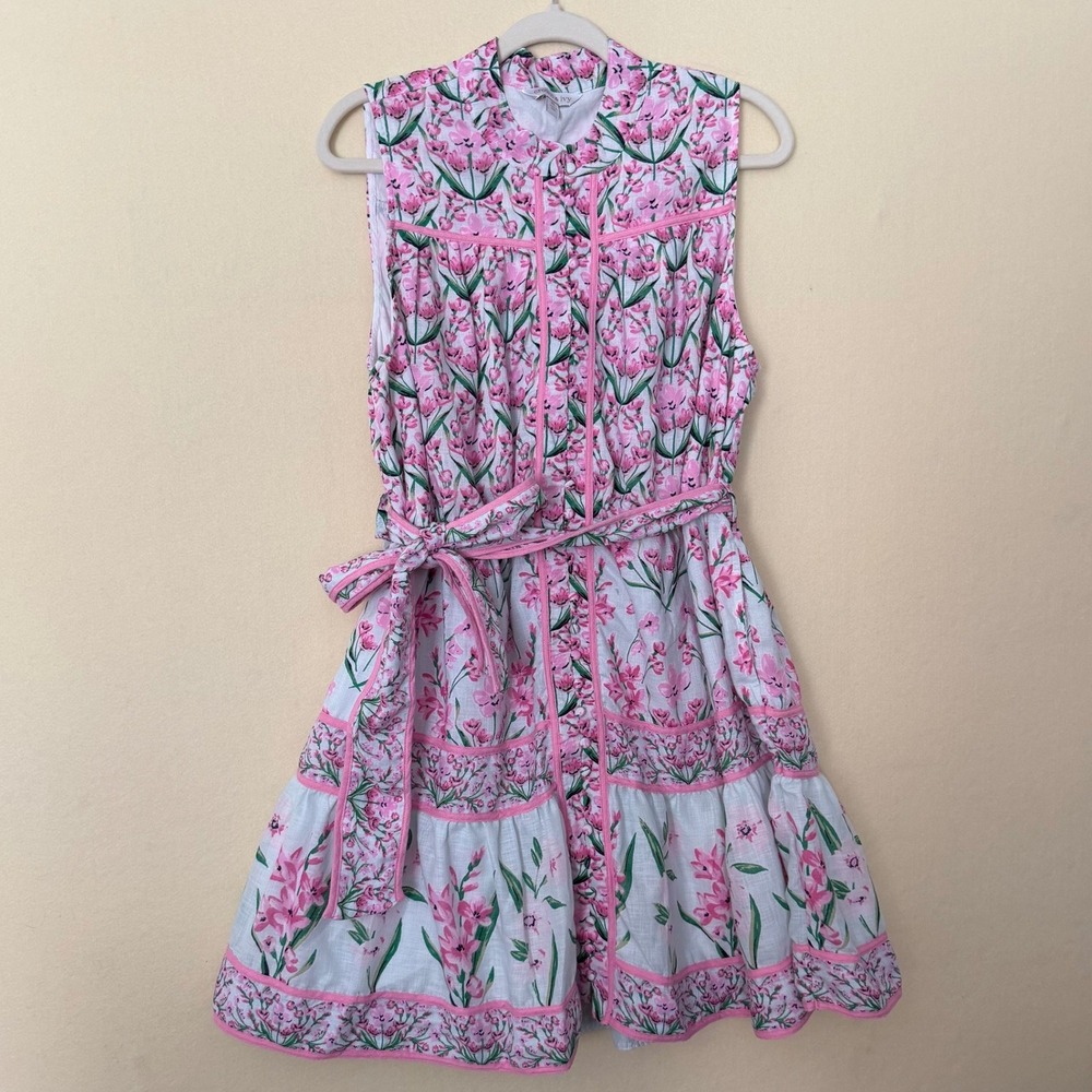 Crown & Ivy Womens XL Pink Floral Tulip Tiered Sleeveless Belted Mini Dress